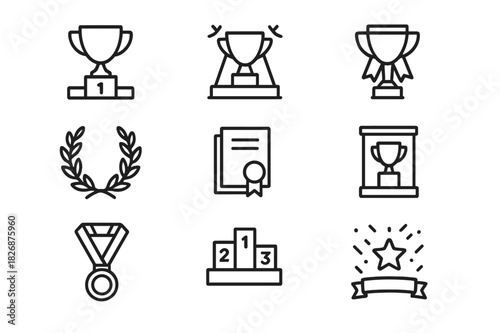 Trophy Icon Set. Trophy on display. Line icon set of Trophy on display: trophy cup, pedestal, spotlight, ribbon, laurel wreath, certificate, display case,