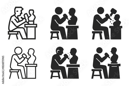 Artists at Work Icon. Artists at work in their studios. Icon set. Set Logo of Artists at work in their studios: sculptor with chisel and mallet. harmonious