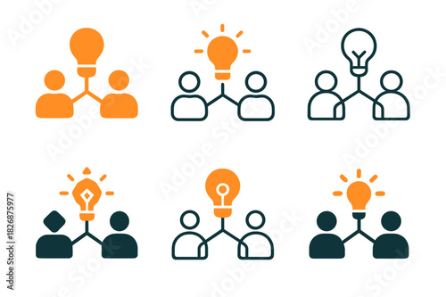 Workplace Creativity Icons. Employee-driven innovation. Icon set. Set Logo of workplace creativity: people connected by idea nodes. harmonious logo variations