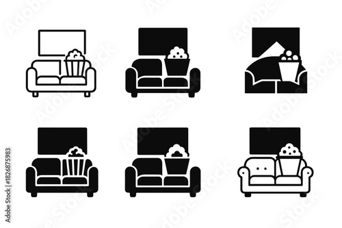 Home Cinema Icons. Watching Your Favorite TV Show or Movie with Popcorn. Icon set. Set Logo of home cinema: sofa, screen, and popcorn bowl. harmonious logo
