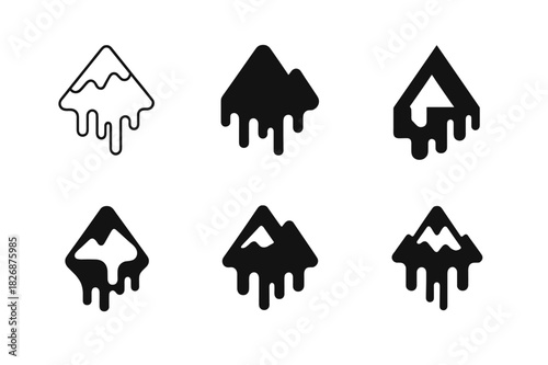 Climate Change Logos. Climate change effects on natural landscapes. Icon set. Set Logo of environment: melting mountain peaks. harmonious logo variations of