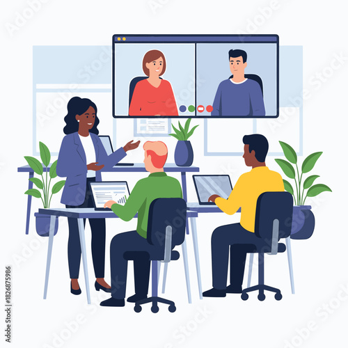 Diverse team engaged in a video conference meeting discussing business strategy and collaboration