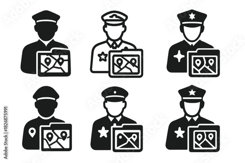 Law Enforcement Logos. Law enforcement agents handling legal documentation and investigations. Icon set. Set Logo of Law enforcement agents handling legal