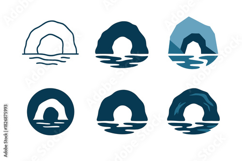 Underwater Caves Logos. underwater caves. Icon set. Set Logo of underwater caves: submerged rock arch. harmonious logo variations of the same emblematic