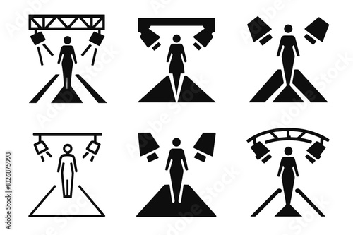 Fashion Logo Variations. Professional fashion photoshoots and portfolios. Icon set. Set Logo of Professional fashion photoshoots and portfolios: runway catwalk