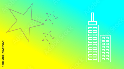 Outlined Stars And City Buildings On Gradient Background