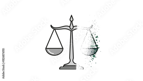 A digital illustration of a scale with one side filled and the other side disintegrating into green particles on a white background.