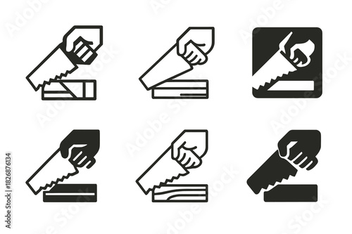 DIY Logo Variations. DIY home improvement. Icon set. Set Logo of DIY home improvement: handsaw cutting plank. harmonious logo variations of the same emblematic