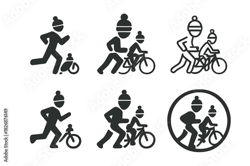 Cool Weather Adventures. Outdoor activities in cooler weather (running, cycling). Icon set. Set Logo of Outdoor activities in cooler weather