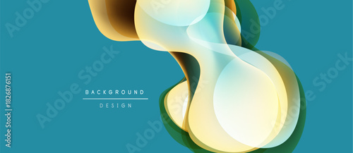 Abstract fluid shapes overlap, creating dynamic visual effect. Teal background complements golden, white hues. Modern design element.