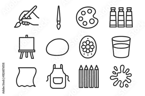 Artistic Icon Set. Artistic session. Line icon set of Artistic session: hand holding brush, paintbrush, palette, paint tubes, easel, smooth rock, finished