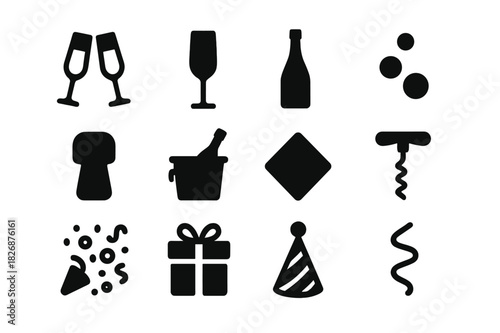 New Year Icon Set. New year toast. Solid icon set of New year toast: champagne glass, champagne flute, bottle, bubbles, cork, ice bucket, cocktail napkin, wine