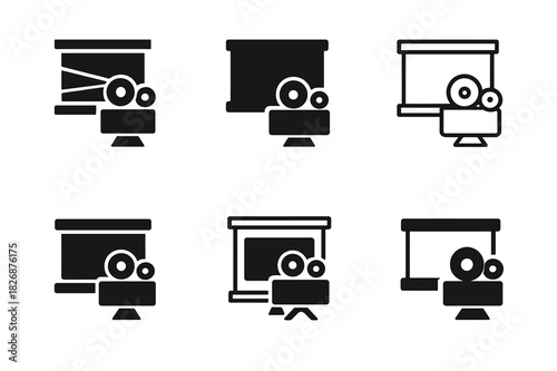 Family Movie Marathon Icons. Organizing a family movie marathon. Icon set. Set Logo of Organizing a family movie marathon: projector and pull-down screen.