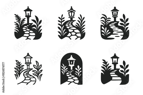 Garden Path Logos. Decorative stone paths through a garden with plants on both sides. Icon set. Set Logo of Decorative stone paths through a garden with plants
