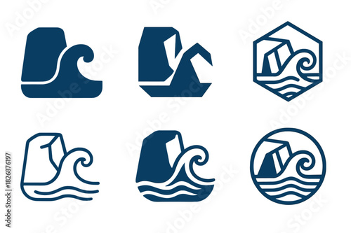 Coastal Cliff Logos. Coastal cliffs and rugged shorelines. Icon set. Set Logo of Coastal cliffs and rugged shorelines: crashing wave on rocks. harmonious logo