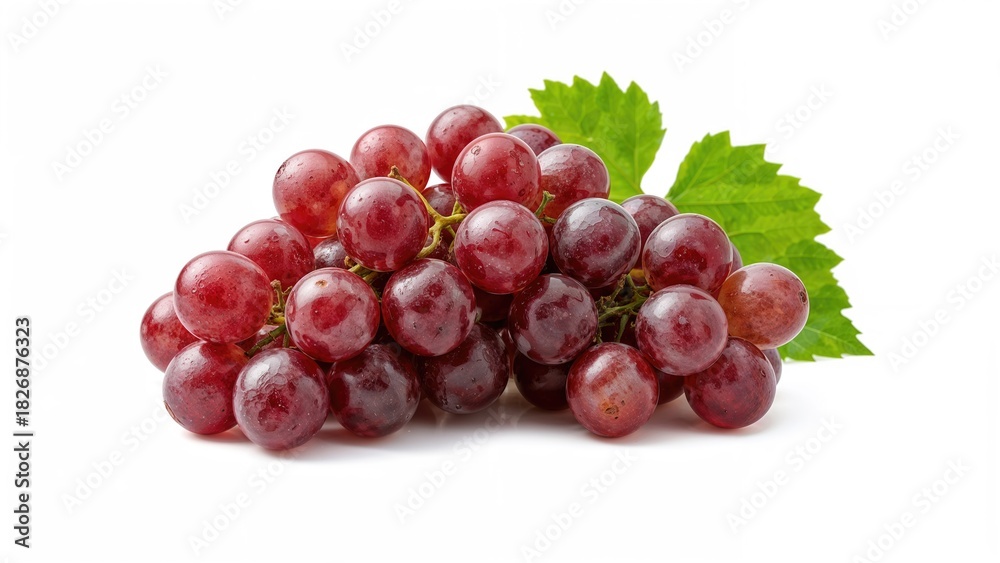 Obraz premium Cluster of red grapes with green leaves. Fresh fruit, healthy snack, natural, juicy, and sweet.