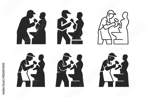 Sculptor Logo Variations. Sculptor working on a stone statue. Icon set. Set Logo of sculptor working on a stone statue: workshop anvil. harmonious logo