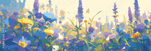 Campo vibrante de flores silvestres azules y amarillas con estilo pictórico y luz solar brillante