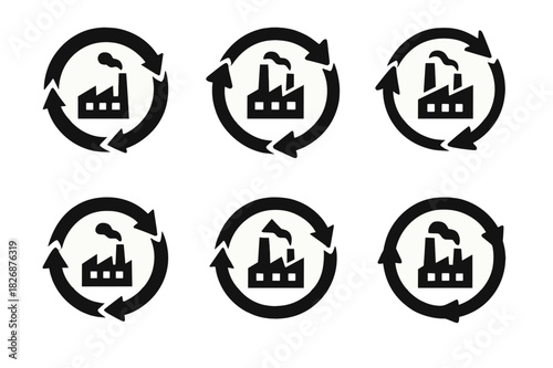 Circular Supply Logos. Circular supply chains. Icon set. Set Logo of circular supply chains: factory connected to recycling cycle. harmonious logo variations
