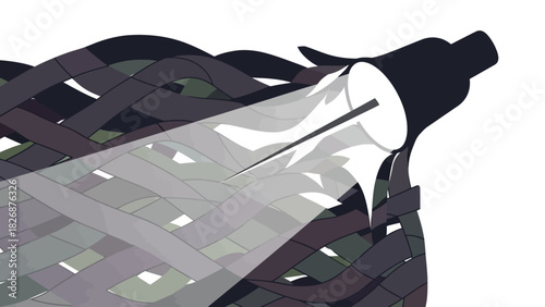 Close-up illustration of a black flashlight shining a beam of light through a woven gray and green basket on a white background.