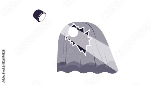 Gray illustration of a broken glass shattering with a shard flying off against a white background.