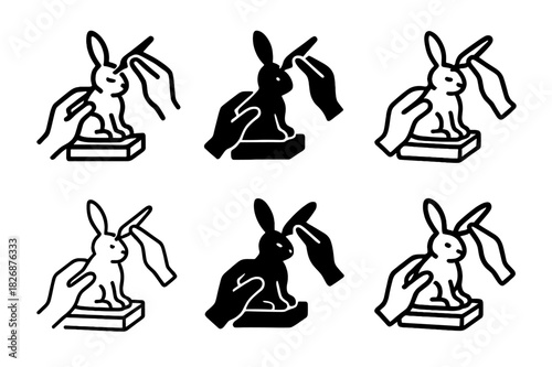 Sculpting Rabbit Icons. Sculpting clay into an animal figure. Icon set. Set Logo of Sculpting clay into an animal figure: attaching rabbit ears with slip.