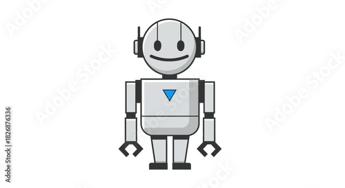 A simplified illustration of a friendly light gray robot with black features on a white background