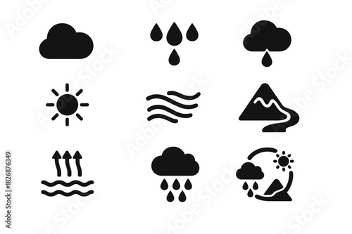 Rain Formation Icons. How rain is formed. Solid icon set of How rain is formed: cloud, water vapor, condensation, raindrop, sun, wind, mountain, river,
