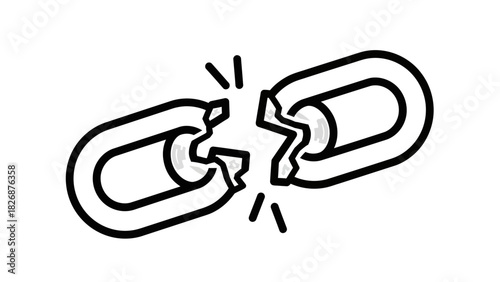 Line drawing of a broken chain link on a white background with motion lines indicating movement.