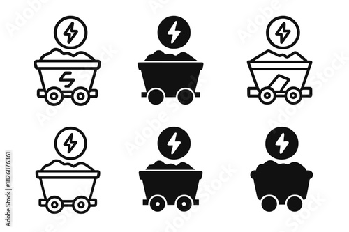 Efficient Mining Icons. Efficient energy use in mining industries. Icon set. Set Logo of efficient energy use in mining industries: mining cart powered by