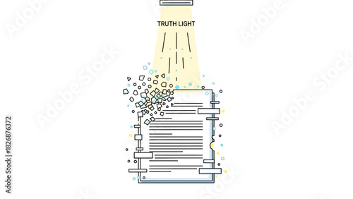 Illustration of a truth light shining on a stack of papers with colorful particles bursting out in a creative and imaginative scene.