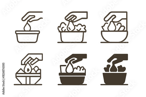 Groceries Logo Variations. Putting groceries away. Icon set. Set Logo of putting groceries away: hand placing produce into basket on kitchen shelf. harmonious