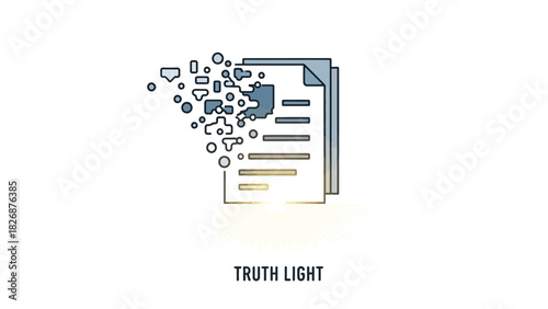 Flat design illustration of a document with a question mark and symbols bursting out, conveying truth and light concepts on a white background.