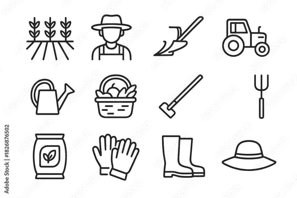 Fototapeta premium Field Worker Icons. Field Workers. Line icon set of Field Workers: crop field, farmer with hat, plow, tractor, watering can, basket of produce, hoe, pitchfork,