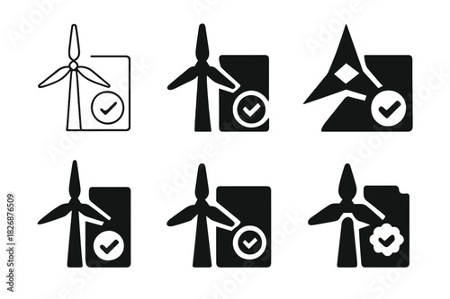 Renewable Energy Icons. renewable energy credits. Icon set. Set Logo of renewable energy credits: wind turbine REC certificate. harmonious logo variations of