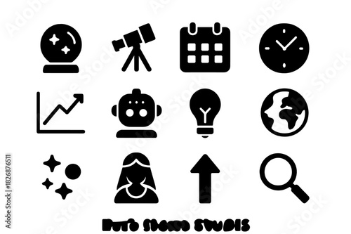 Future Study Icons. Future Studies. Solid icon set of crystal ball, telescope, calendar, clock, graph, AI robot, light bulb, globe, stars, fortune teller,