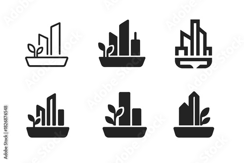 Rooftop Garden Icons. Rooftop garden designs in big cities. Icon set. Set Logo of Rooftop garden designs in big cities: modular green roof tray. harmonious