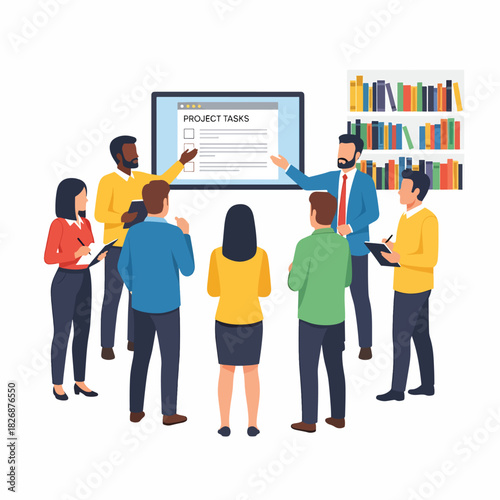 Diverse team members attending a project tasks presentation in a modern office setting