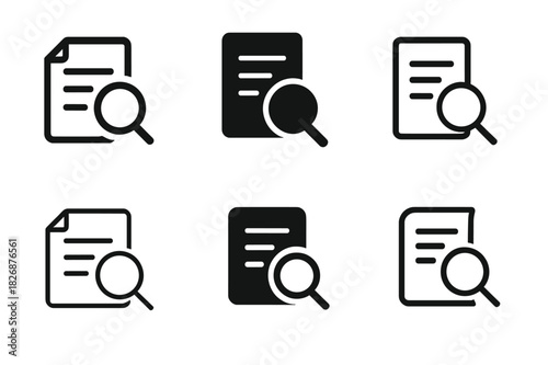 Diverse Argumentation Logos. Argumentation. Icon set. Set Logo of Argumentation: magnifying glass examining a document outline. harmonious logo variations of