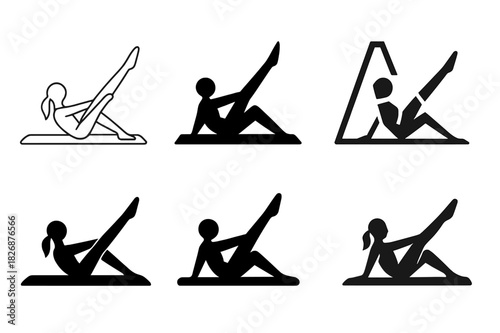 Pilates Logo Variations. Pilates and Stretching. Icon set. Set Logo of body balance: person in pilates pose on mat. harmonious logo variations of the same