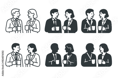 Candid Leadership Icons. Candid shots of managers in everyday work settings. Icon set. Set Logo of candid leadership: coffee break chat. harmonious logo