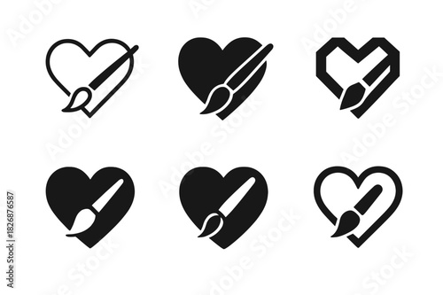 Artistic Love Emblems. Love and affection through artistic expressions (painting, music). Icon set. Set Logo of love and affection through artistic