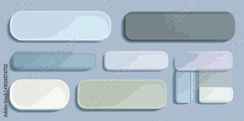 Colección de botones rectangulares redondeados en tonos pastel y grises para interfaz de usuario digital.
