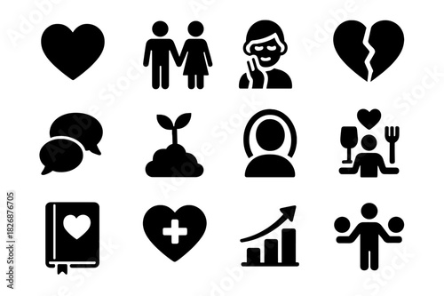Icons of Love & Growth. Dating and personal growth. Solid icon set of dating and personal growth: heart, couple holding hands, self-care icon, broken heart,