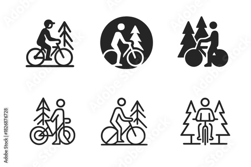 Bicycle Adventure Icons. Bicycles & Outdoor Activities. Icon set. Set Logo of weekend ride: person with bicycle near trees. harmonious logo variations of the