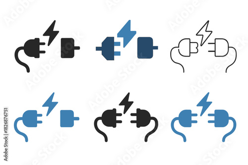 Electricity Flow Logos. How electricity flows. Icon set. Set Logo of how electricity flows: plug and socket. harmonious logo variations of the same emblematic