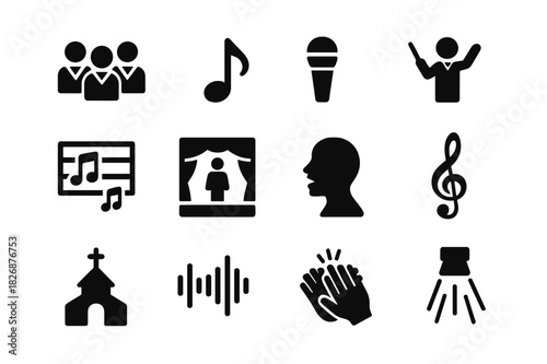 Choral Singing Icons. Choral singing. Solid icon set of choral singing: choir group, music note, microphone, conductor, sheet music, stage, singer silhouette,