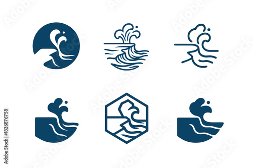 Coastal Cliffs Logos. Coastal cliffs and rugged shorelines. Icon set. Set Logo of Coastal cliffs and rugged shorelines: coastal blowhole spray. harmonious logo