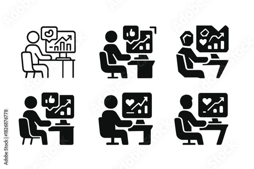 Digital Marketing Logo Grid. A digital marketing expert analyzing social media performance on a computer. Icon set. Set Logo of a digital marketing expert