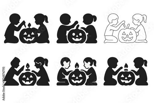 Halloween Pumpkin Carving. Children Carving Pumpkins for Halloween. Icon set. Set Logo of Children Carving Pumpkins for Halloween: tea light candle. harmonious